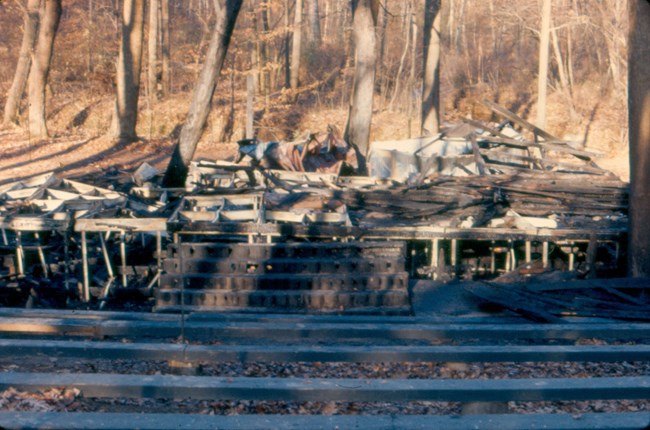 The remains of Children's Theatre-in-the-Woods after a fire ravaged it in 1976.