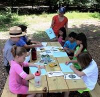 A ranger leads an activity for Junior Ranger Day at a picnic table A ranger leads an activity for Junior Ranger Day at a picnic table