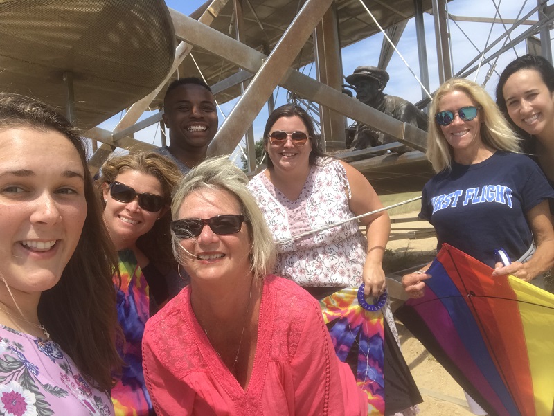Dare County Teachers and National Park Service Staff collaborate on education program. After a quick kite-flying break, Dare County teachers and NPS staff were ready to brainstorm and produce 16 lesson plans for the Wright Brothers National Memorial Education Program.