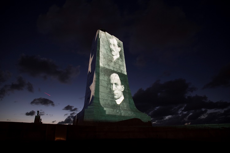 Photo and light art projections by Gerry Hofstetter on Wright Brothers Monument - October 1, 2017.