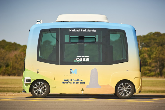 Color photo of the self-driving vehicle at Wright Brothers National Memorial.