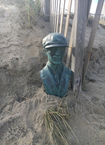 Photo of the reproduction Orville Wright bust found on the beach in Kill Devil Hills, NC.