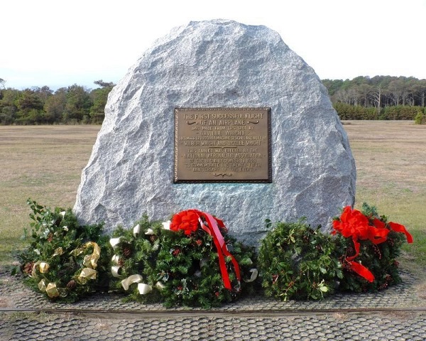 Wright Brothers National Memorial First Flight Boulder, 2015 Wreaths laid at the First Flight Boulder in 2015 by the descendants of the Wright brothers and the witnesses of the first flight.