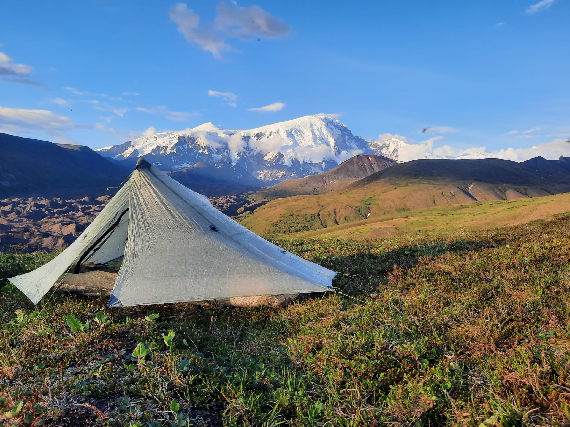 Tent camped between Mt. Sanford and Mt. Drum near the Sanford Glacier.