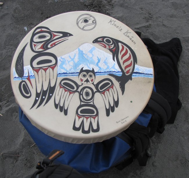 Mount St Elias drum with Alaska Native animals illustrations
