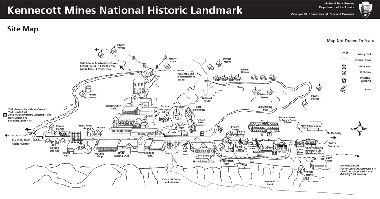 Map of Kennecott Mines National Historic Landmark, showing Mill Town buildings and features.