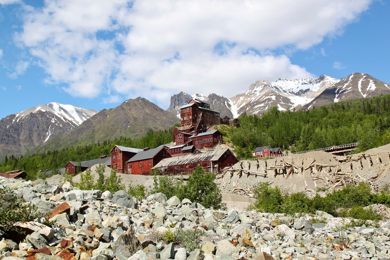 Kennecott Mines and Mill Town Site buildings with Bonanza Ridge in the background.