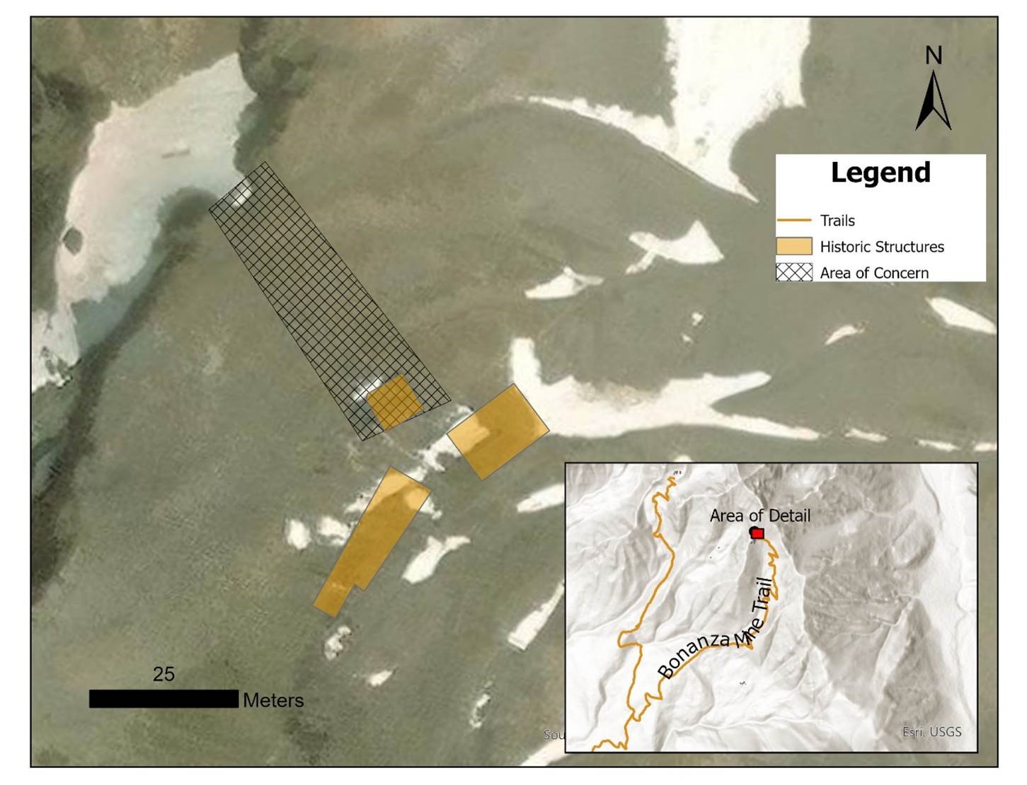 Bonanza Mine Area of Concern Map Map of area near Bonanza Mine in Wrangell-St. Elias National Park & Preserve. Cross-hatching shows an area of concern where park geologists recently observe subsidence (collapsing ground) near and northwest of three historic buildings.
