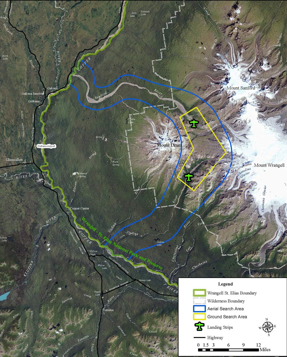 DadinaPlateauSAR_Imagery-(1) satellite imagery map depicting large, snowy mountains on the east side and flat, green valleys to the east. a wide river labelled 'sanford river' flows past a mountain named mount drum
