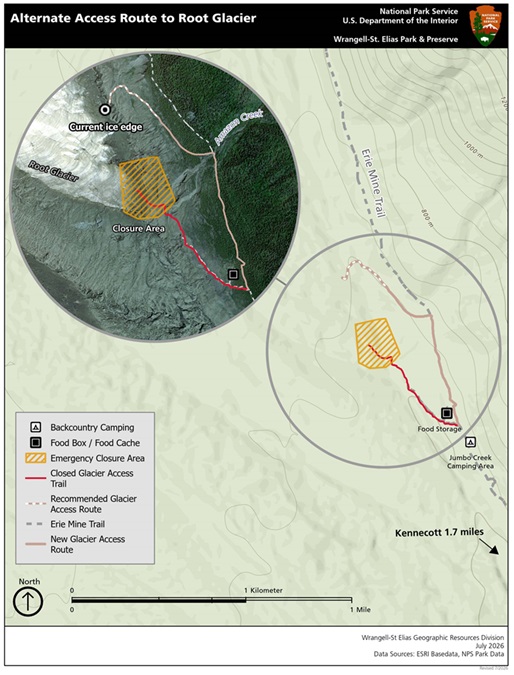 Map of the alternative route to the Root Glacier access.