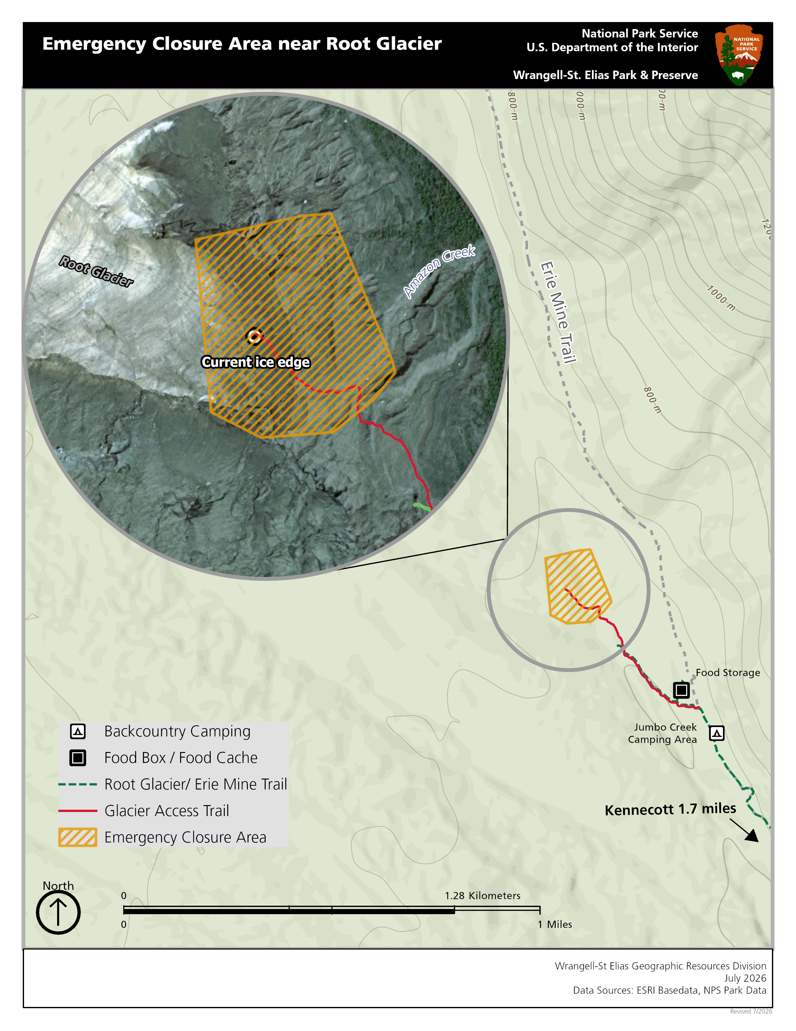 Map of the area north of Kennecott Mines National Historic Landmark that highlights a hazardous area where the rocky trail meets the white ice of Root Glacier
