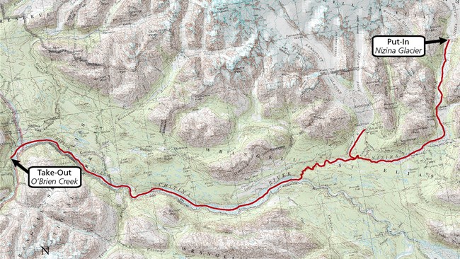 Map showing route of Nizina Glacier to Chitina float trip. Map showing route of Nizina Glacier to Chitina float trip.