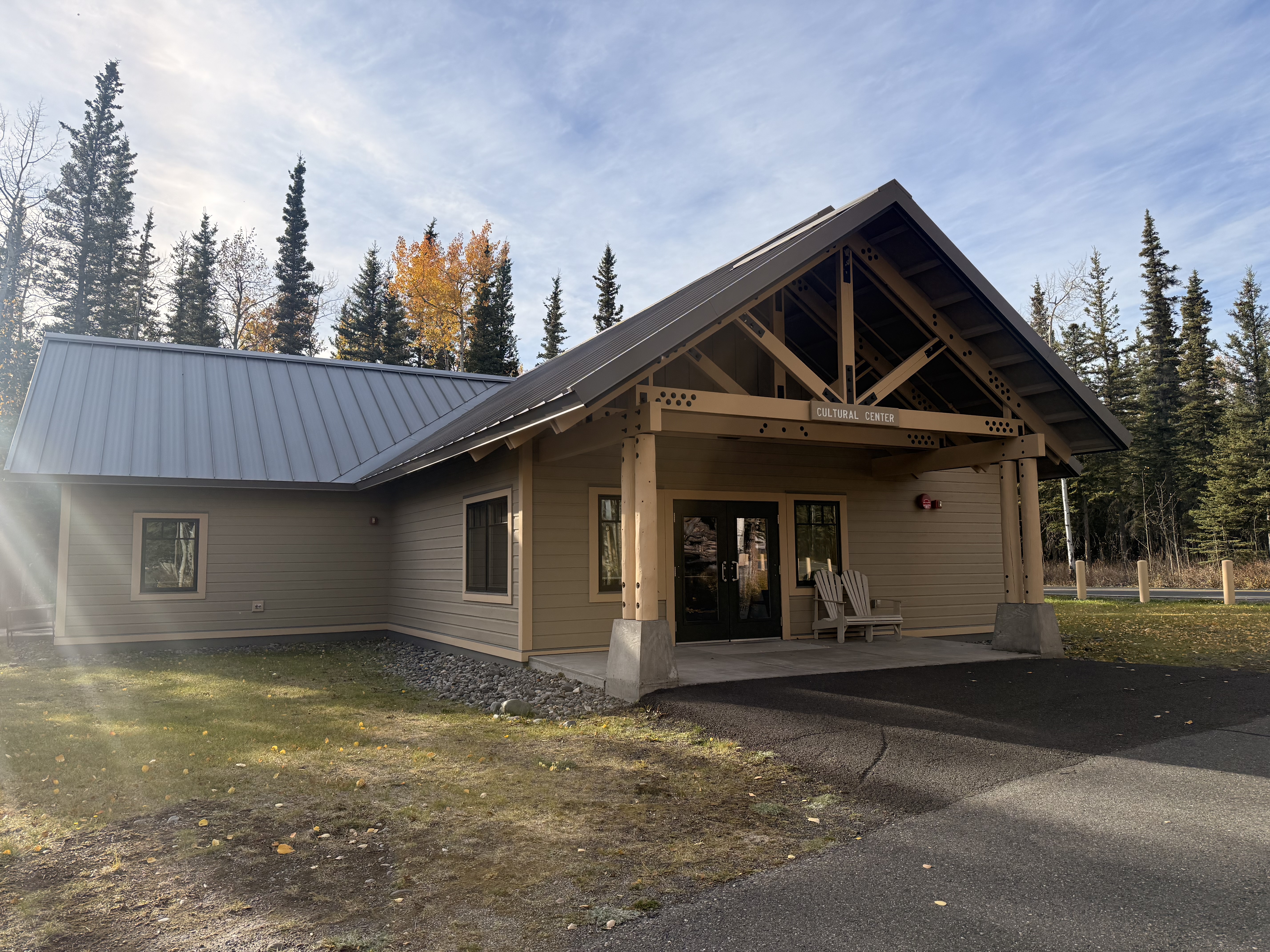 Ahtna Cultural Center in the fall with trees and road nearby