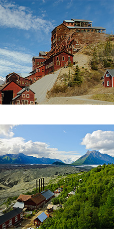 One image of historic, wood Kennecott Mill Building. One image of historic buildings, forest, glaciers, and mountains.