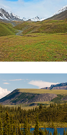 One image of tundra covered hills with mountains in background. One image of forest, lake, and tundra covered plateau with high rocky slopes.