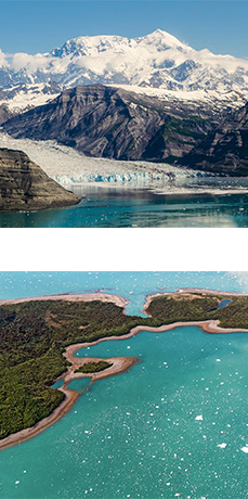 One image of ocean, tidewater glacier, and Mt. St. Elias. One image of ocean, coastline, and icebergs.