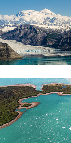 One image of ocean, tidewater glacier, and Mt. St. Elias. One image of ocean, coastline, and icebergs.