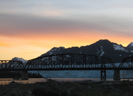 Sunset over Million Dollar Bridge and Childs Glacier