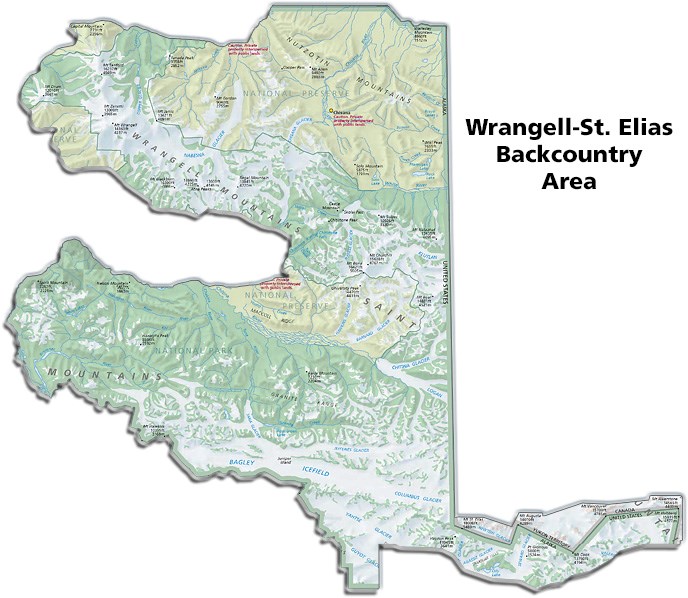 Map showing backcountry area in Wrangell-St. Elias National Park