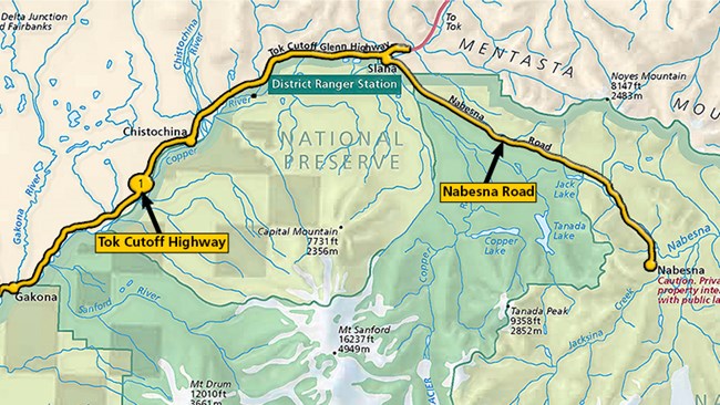 Map showing location of Tok Cutoff Highway and Nabesna Road.