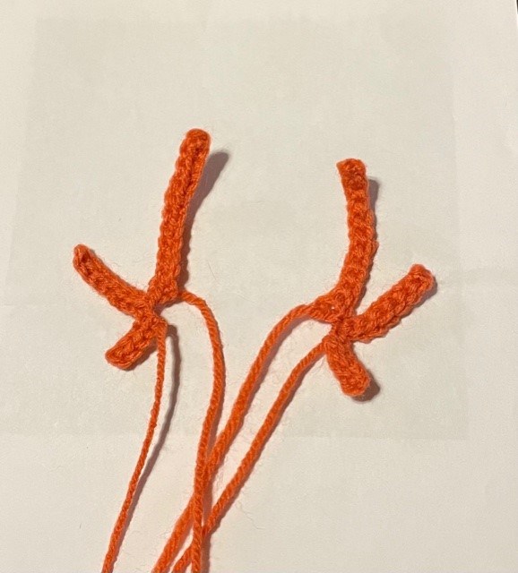 Two salmon colored yarn crochet models of the front endites of a Triops. They are two pieces each in the shape of a W with one long, one medium, and one short arm.