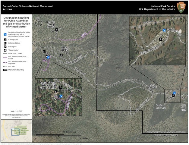 A map of Sunset Crater volcano national monument with area marked for public assemblies