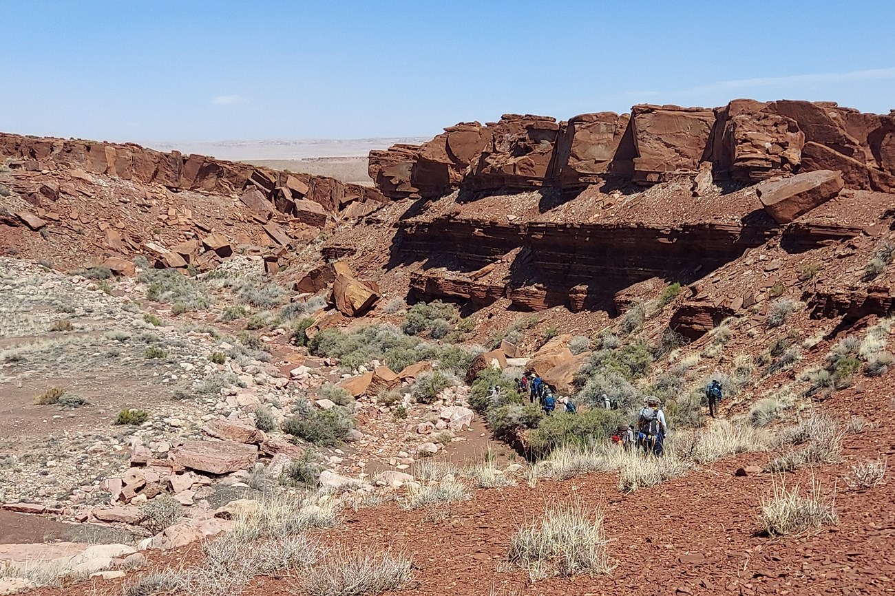 Hikers walking down a hill of red sandstone into a wash with large sandstone boulders above to the right.