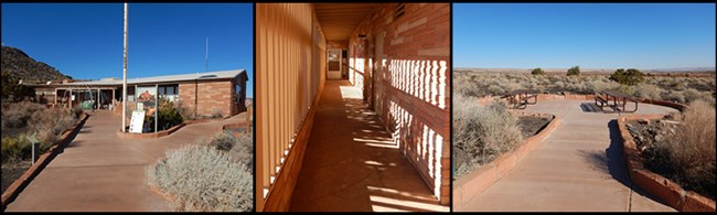 Accessibility features of the visitor center exterior. Paved sidewalks to pueblo, picnic areas, and restrooms.