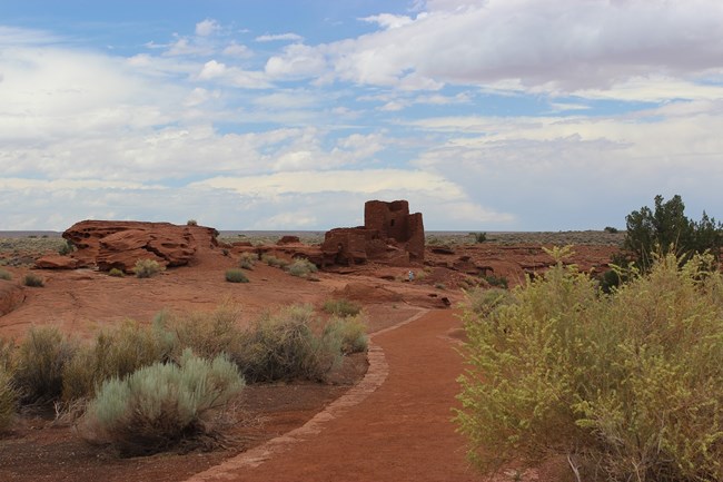 The Wukoki Pueblo trail is accessible up to the base of the cinder hill with a compacted decomposed granite surface.
