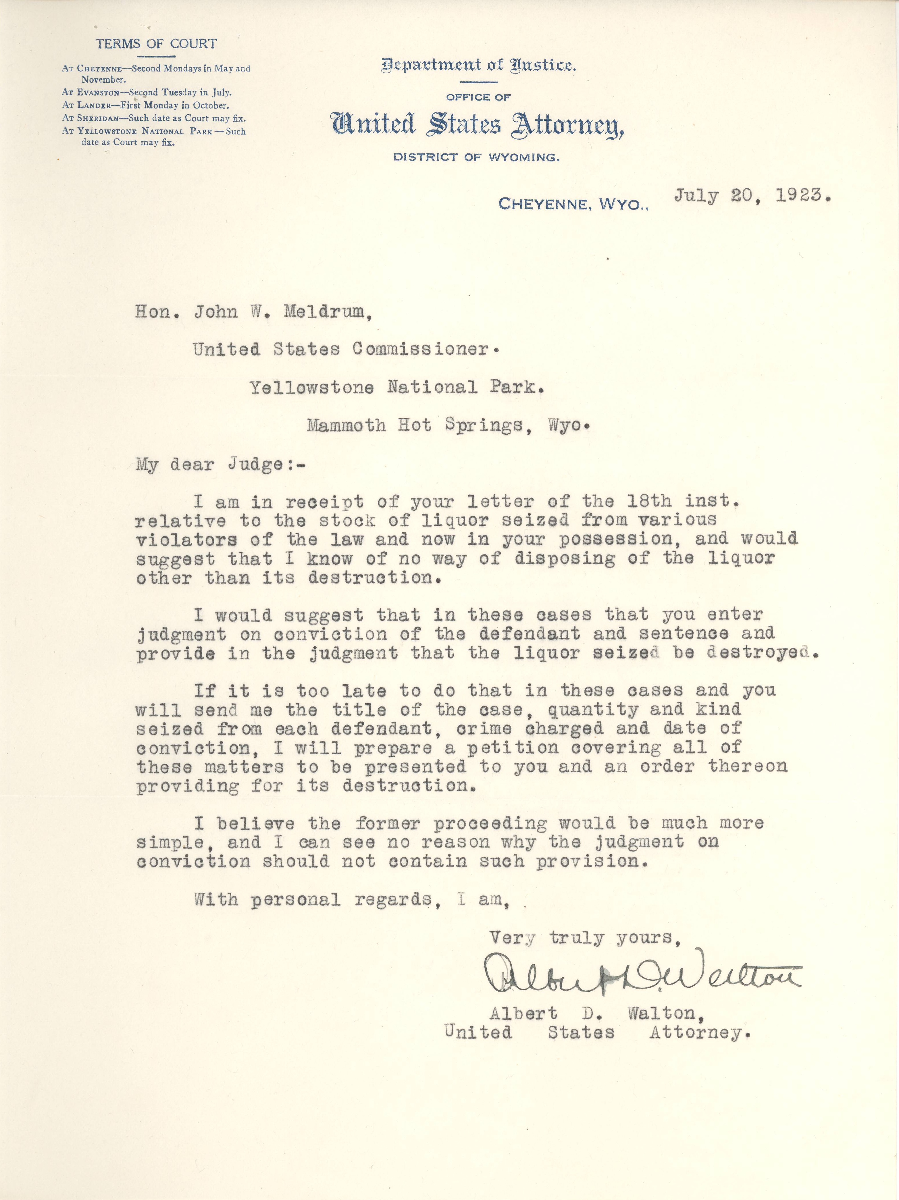 Letter from Yellowstone Archives
