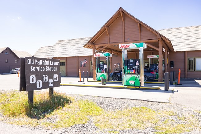 Old Faithful Lower Service Station building and fuel pumps