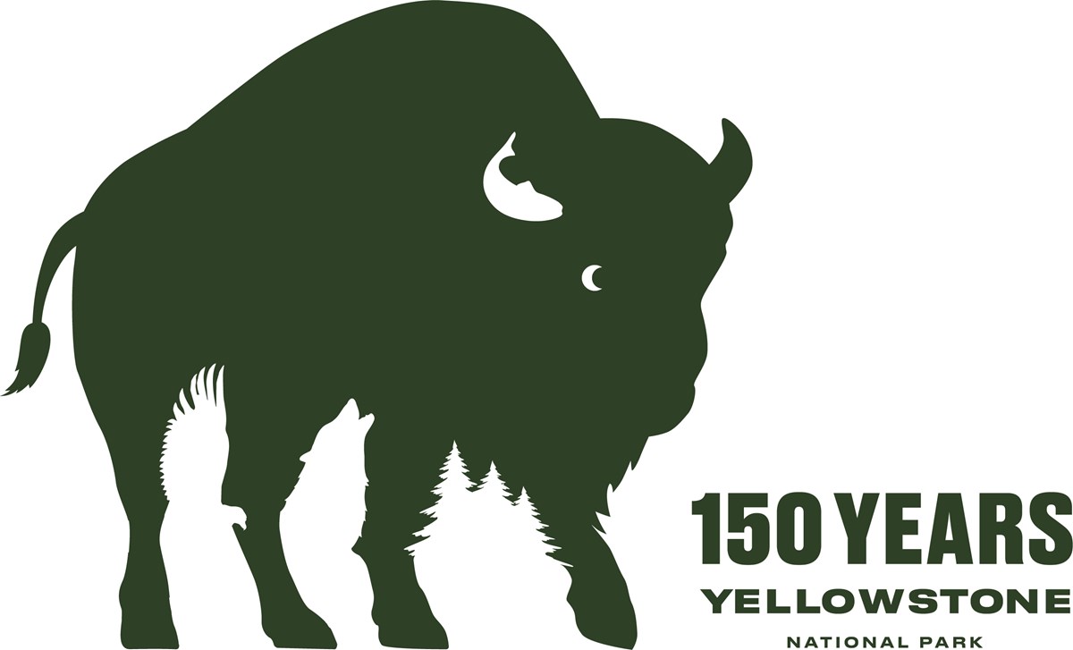 a logo consisting of a green bison and text: "150 Years of Yellowstone National Park"