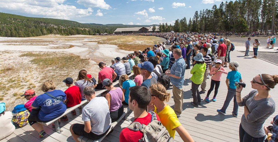 Hundreds of people waiting for an August eruption of Old Faithful