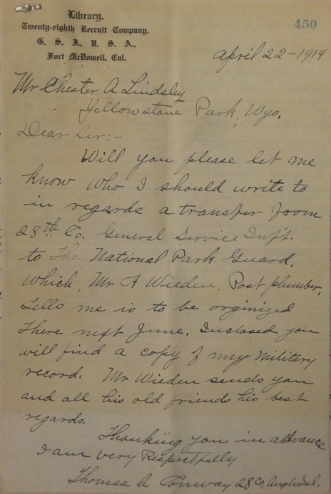 Letter from a soldier seeking employment in the newly formed National Park Service, 1914.