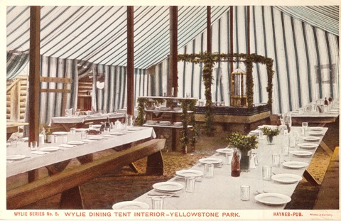 YELL 129772. Color view of the interior of a Wylie Co. dining tent, printed around the same time Clara and RuDell might have eaten in one. 