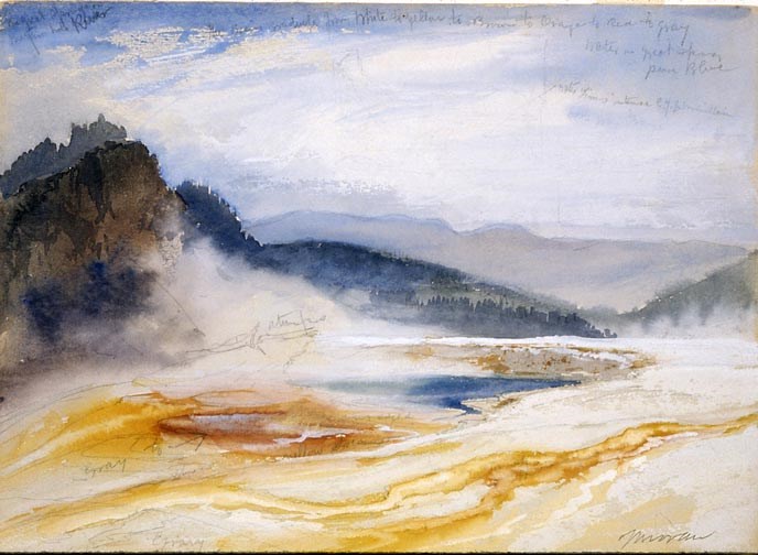 A painting over a pencil sketch of a colorful, steaming pool of water near mountains