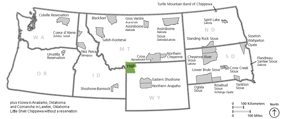 A map of northwest and north-central states with Yellowstone National Park and tribal reservations