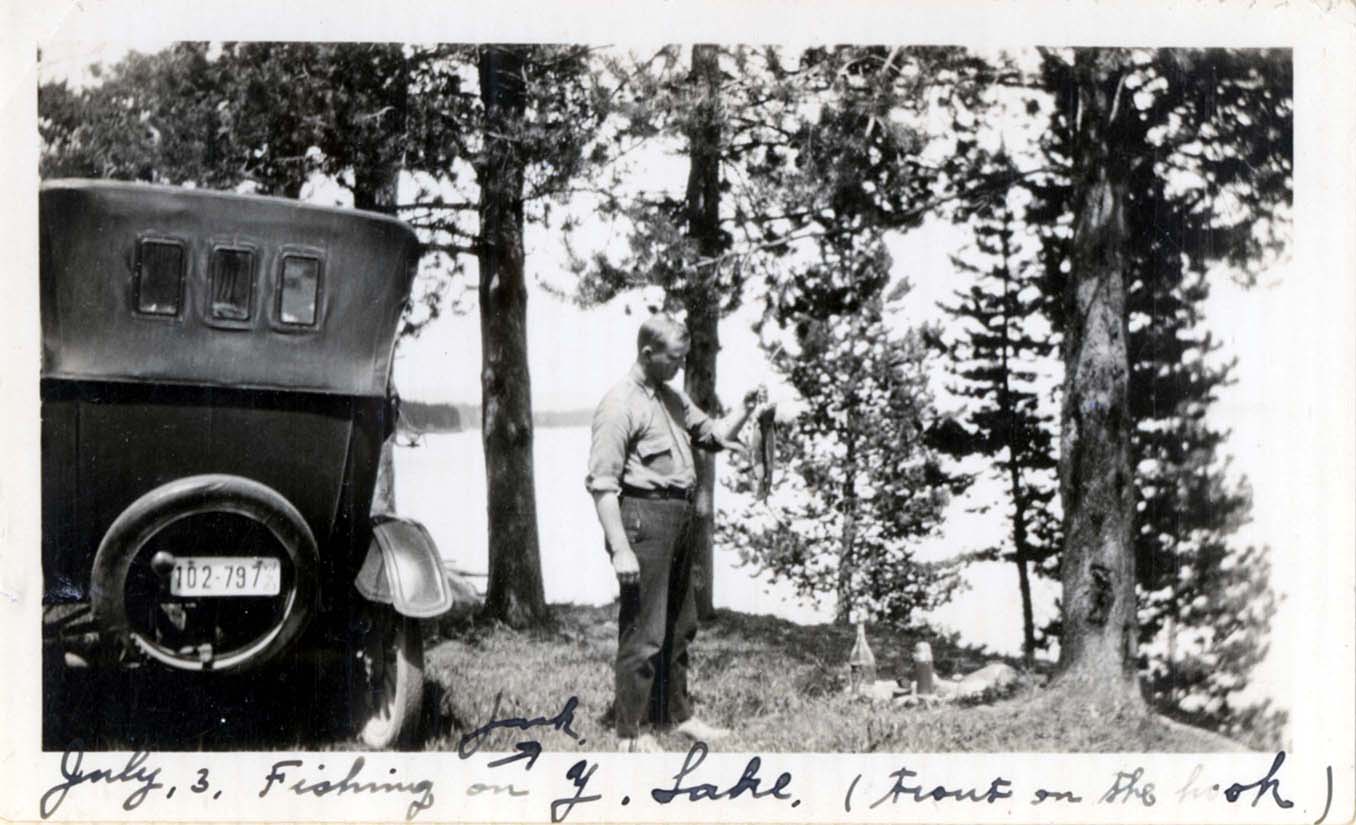 Hervat fishing in Yellowstone Lake Jack Hervat fishing in Yellowstone Lake (trout on hook)