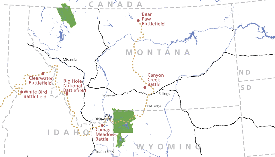 A map of Idaho, Montana, and parts of Wyoming, North Dakota, and South Dakota, rivers, and lakes, interstate highways, the trail of the Nez Perce, and significant events