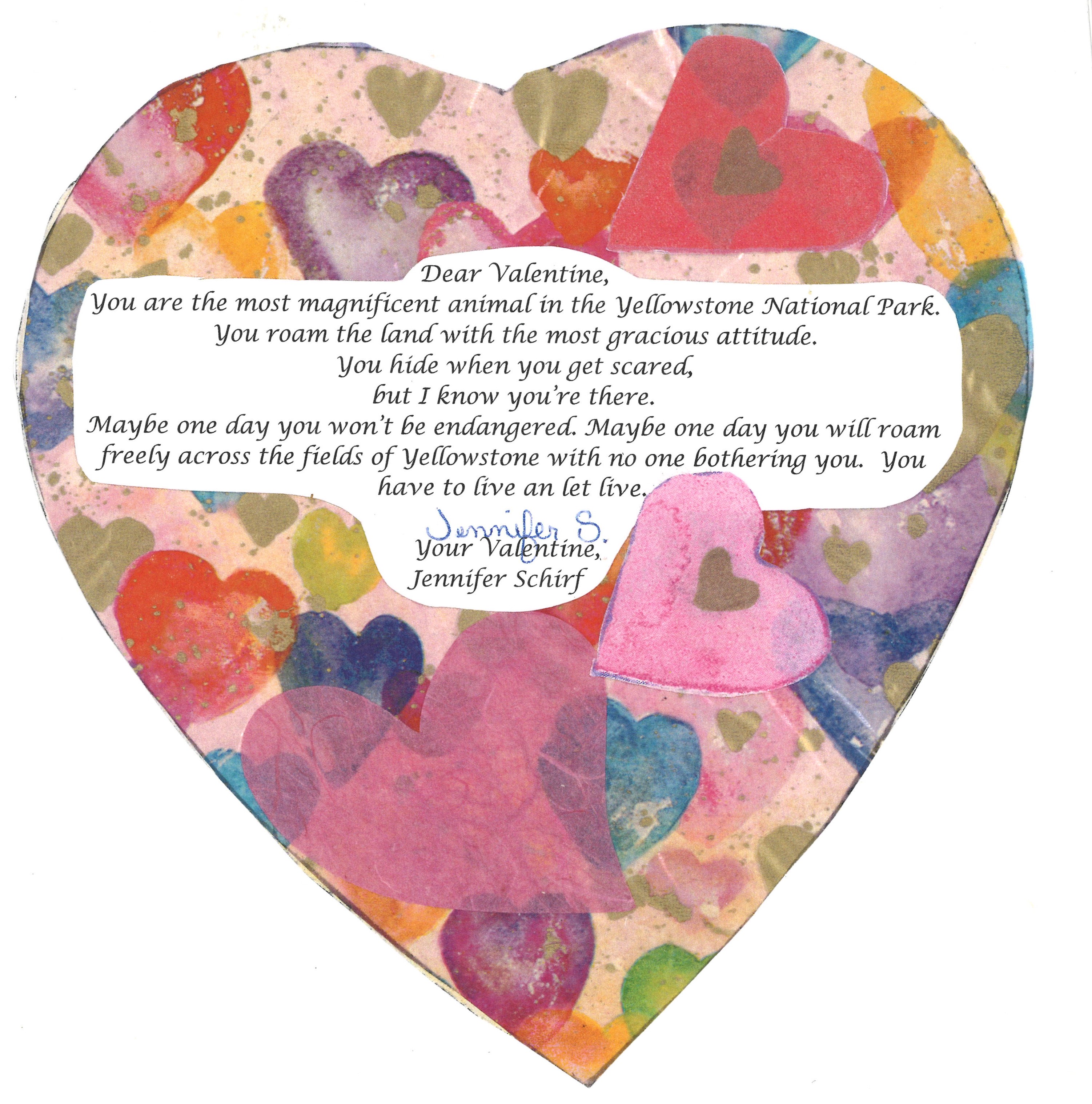 A colorful Valentine’s Day card in the shape of a cartoon heart