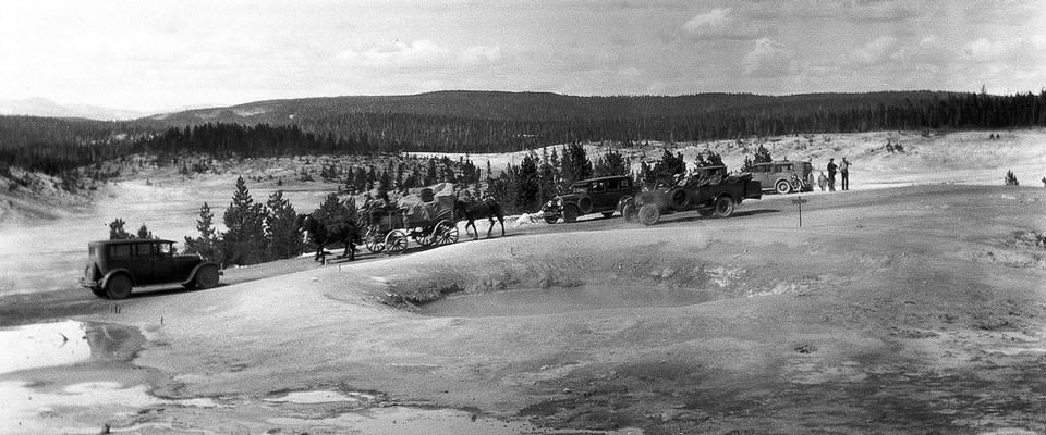 A horse-drawn wagon surrounded by cars in a thermal area