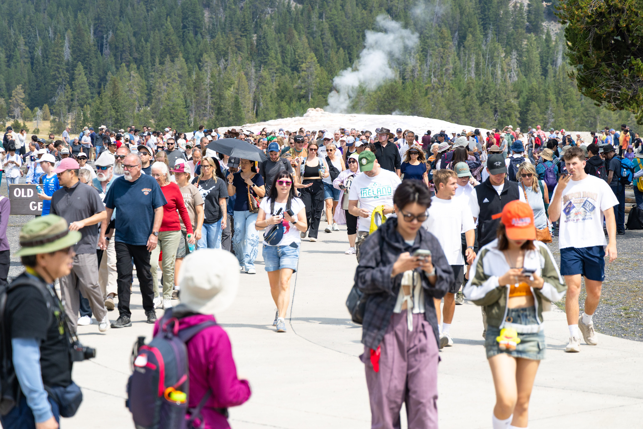 Crowds dispersing after a mid-day Old Faithful eruption