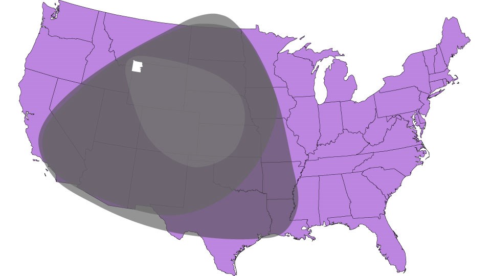 Map of Lower 48 of US showing three different ash-falls in gray shades.
