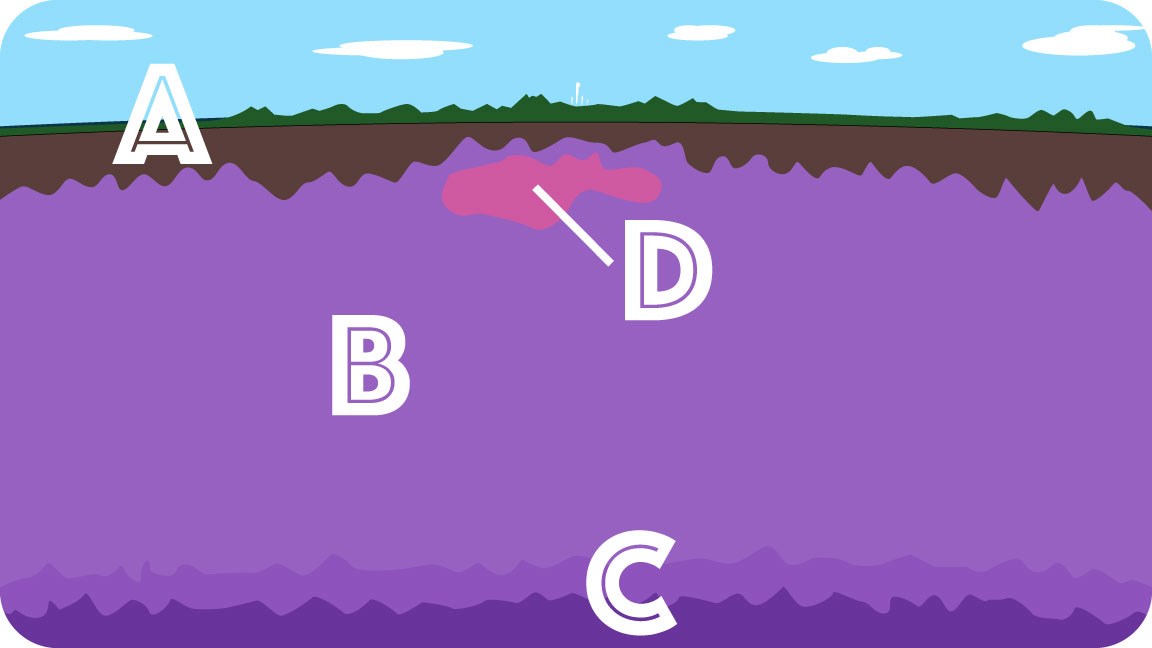 Cross-section of earth showing the crust (A), mantle (B), core (C), and a hotspot (D)