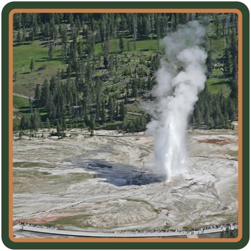 Old Faithful erupts a column of steam and water into the air.