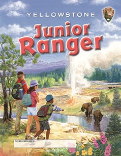 Junior Ranger cover with a family looking at bison fording a stream while a geyser erupts in the background.