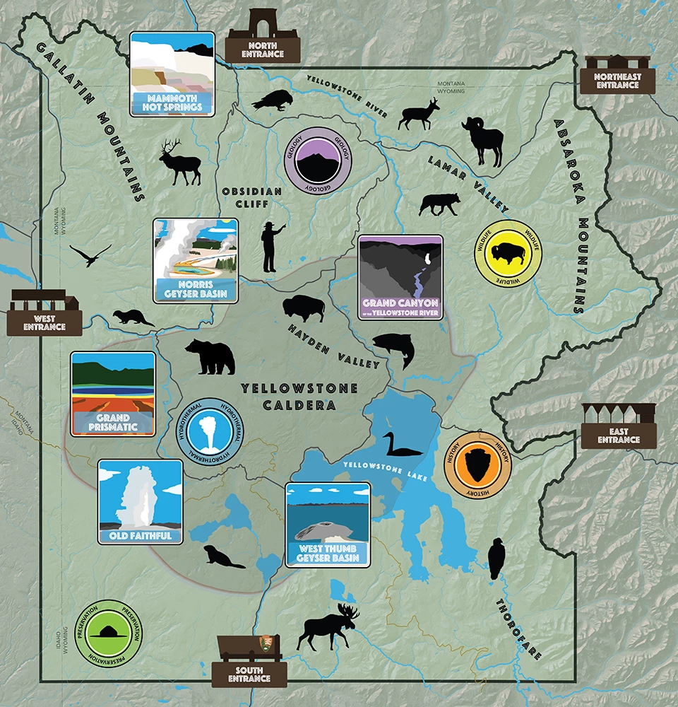 Interactive map of Yellowstone for kids Map of Yellowstone with various animal silhouettes and location illustrations decorating the map
