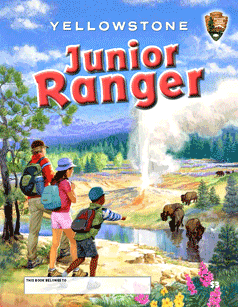 Junior Ranger cover with a family looking at bison fording a stream while a geyser erupts in the background.