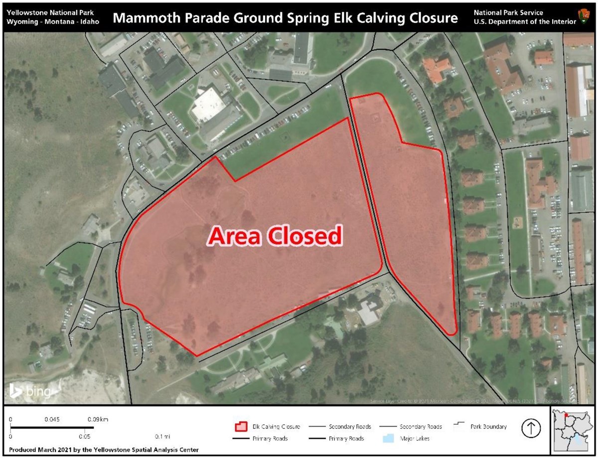 Map showing the closure of the Mammoth Parade Grounds for spring elk calving