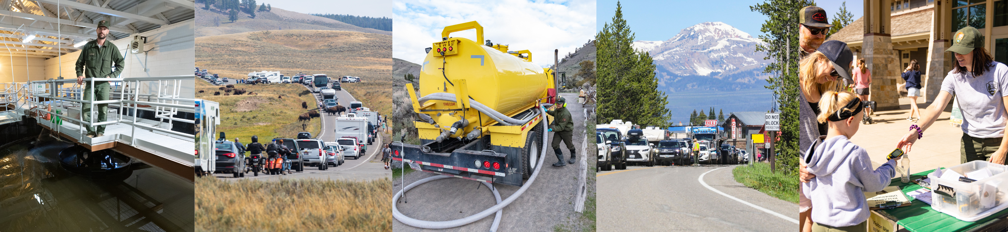 a collage of five photos, each showing park staff and operations